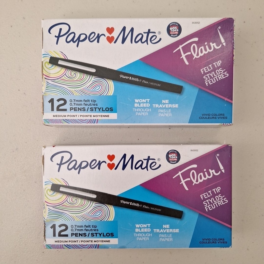2‎ PACKS Paper Mate Flair Felt Tip Pens, Medium Point Black, 12 Count NEW